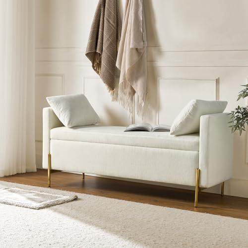 HULALA HOME Modern Storage Bench Ottoman with Arms & Metal Legs, Chenille Fabric and Upholstered Cushioned Adjustable Subdivided Box for Entryway Bedroom Living Room, IVORY