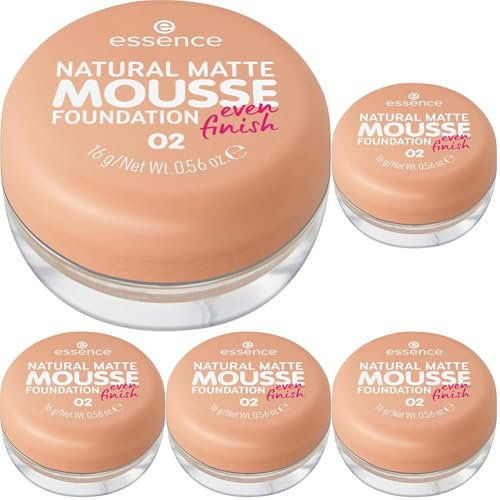 essence cosmetics NATURAL MATTE MOUSSE FOUNDATION, Nr. 02, Nude, mattierend, abdeckend, Expressergebnis, matt, vegan, ölfrei, ohne Parfüm, ohne Alkohol, 5er Pack (16g)