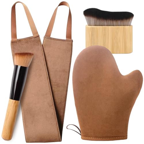 Lot de gants autobronzants 4 en 1 pour le dos : 1 gant, 1 applicateur pour le dos, 1 applicateur pour le visage, 1 brosse pour le corps