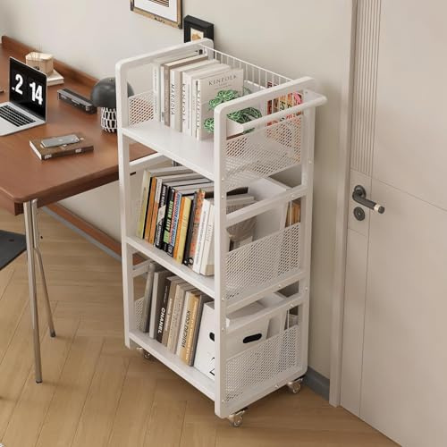 Ornestia Metall Bücherregal Weiß mit Rollen, Klein Bücherwagen | 3 Magnetischen Buchstützen, 70 kg Tragkraft, Mobile, 3 Ebenen, für Wohnzimmer Schlafzimmer Wohnheim Büro Bibliothek