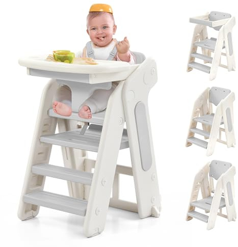 4-in-1 Convertible Toddler Step Stool, Adjustable Height Toddler Tower, Foldable Standing Tower with Safety Fence & Removable Dining Tray, Kids Step Stool for Kitchen Counter Bathroom Sink (Grey)