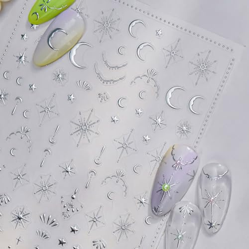 Nymora 3D Silver Nail Stickers – 2 Sheet Bronzing Nail Art Stickers, Self-Adhesive Luxury Silver Nail Art for Women Girls, Manicure Decoration