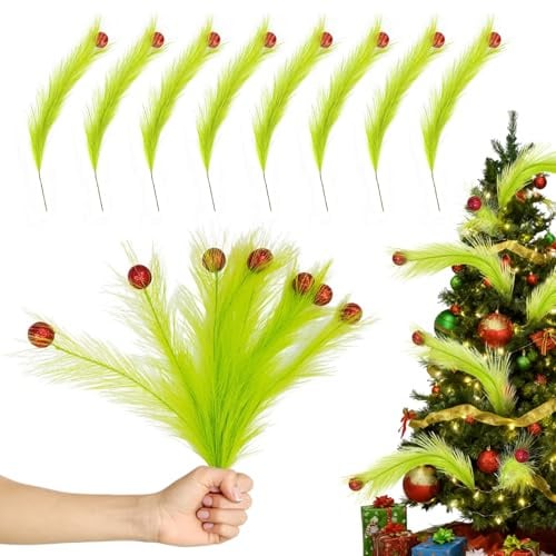 Eopvttge 8 STK Deko Zweige Weihnachten mit Rote Beeren, Grinch Deko Weihnachten, 42cm Limettengrüne Weihnachtsbaumspitze, für Weihnachtsbaumschmuck Weihnachtskranz Adventskranz Deko Tischdeko