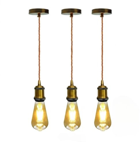 3 Pack Antique Brass E27 Pendant Light Fitting with Shade Ring | 195cm Adjustable Braided Cable & Metal Ceiling Rose