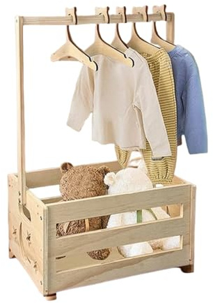 Holz Baby Geschenkkorb mit 5 Kleiderbügeln, Großer Babykorb Geschenkbox für Neugeborene, Baby Aufbewahrungskorb Tragbar zum Organisieren für Wohnzimmer, Schlafzimmer und Babyparty, 33 x 23 x 51,5 cm