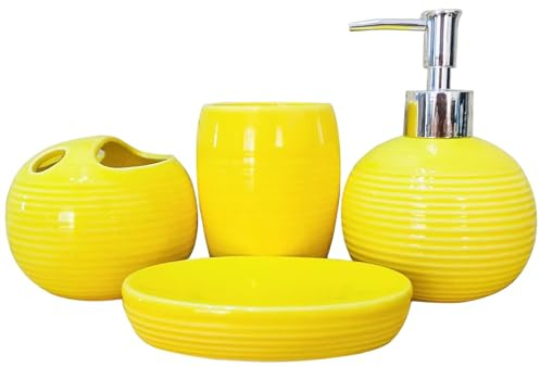 Gelbes Badezimmer-Set, 4-teiliges Set, gelbe Badezimmer-Accessoires, lebendiger Seifenspender aus Keramik mit Zahnbürstenhalter, Seifenschale und Becher, kompletter Zahnbürstenhal