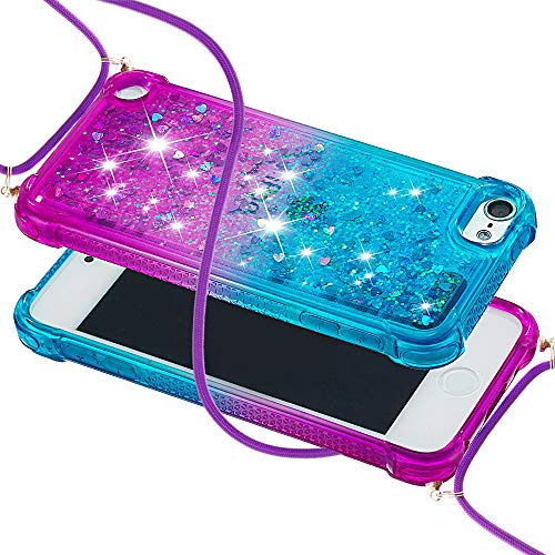 VQWQ Silikon Hülle Compatible with iPod Touch 7, 1.5M Kordel zum Umhängen Handykette Hülle mit Bunt Fluss Sand Case Silikon Schutzhülle mit Schnur für iPod Touch 7 [JB]-Blue