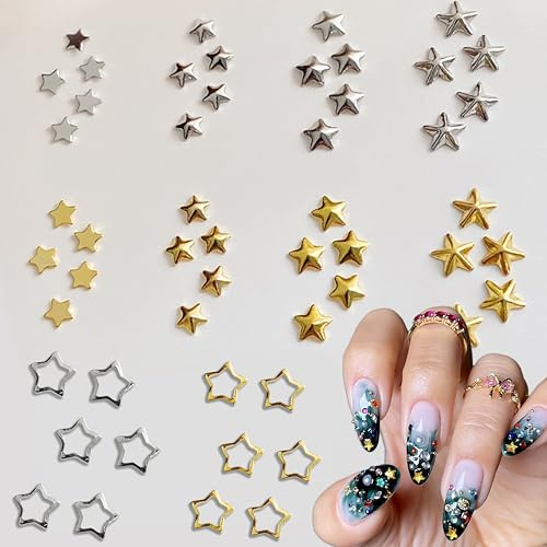 Celblisora 600 Pieces Star Nail Charms for Nail Art, 3D Gold Silver Hollow Star Nail Rhinestones, Kawaii Nail Gems, Nail Jewelry, Manicure Accessories for DIY Crafts