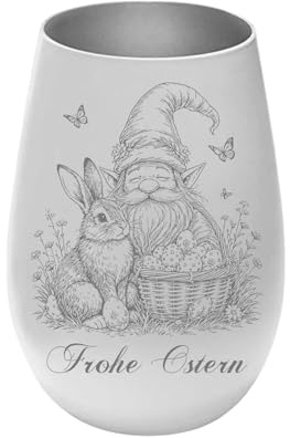 Osterwindlicht Ostergnom mit Hase– Glas Windlicht außen matt weiß innen Silber, mit Schriftzug „Frohe Ostern“ – Osterdekoration Frühling – Kerzenhalter schöne Geschenkidee