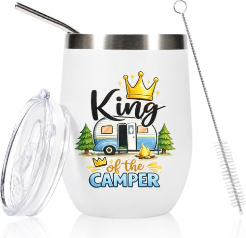 Camper Geschenke, Camping Tasse Edelstahl 12oz mit Deckel Strohhalm und Bürste, King of the Camper Camping Becher, Camping Geschenke für Herren Damen, Geschenke für Camper Wohnmobil Caravan