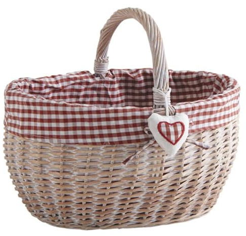 AUBRY GASPARD - Panier Osier Fendu Teinté - Doublure Coton Vichy Rouge/Blanc - Décor Coeur Anse - 23-35x42x33 cm - Fabriqué Artisanalement - Léger et Pratique Intérieur