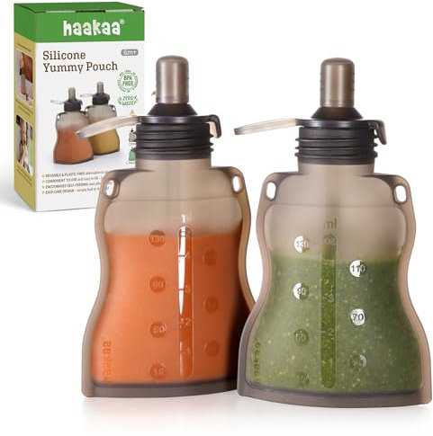 Haakaa Silicone Sacoches alimentaires pour bébés - Sacs réutilisables pour bébés à pression,Gris, paquet de 2