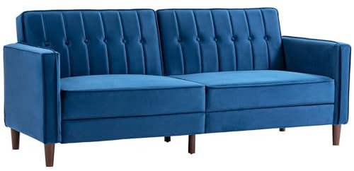 HOMCOM 3 Seater Velvet Sofa Bed, 189cm Click Clack Sofa Bed, Button Tufted Sleeper Couch with Split Reclining Backrest and Rubber Wood Legs, Blue