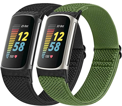 Vodtian 2 Pack Stretchy Adjustable Nylon Loop Braided Replacement Sport Wristband for Fitbit Charge 5/Charge 6 Activity Tracker Women Men