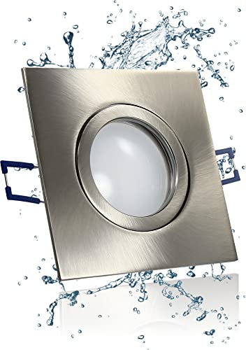 LEDFULL® Premium LED Bad Deckenstrahler IP44 230V GU10 Spot Set 5W Strahler Tageslicht/Edelstahl gebürstet Einbaustrahler eckig Aussen geeignet