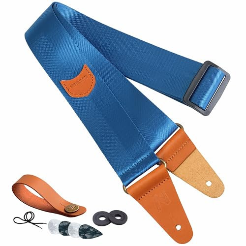 Gitarrengurt, Vintage Nylon Full Grain Leder Enden Gitarrengurte mit Pick Tasche für Bass, Elektro-und Akustik-Gitarre, kommen mit kostenlosen Strap-Taste, Strap Locks und 4 Guitar Picks (Blau)