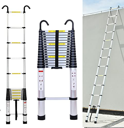 Scala telescopica in alluminio, 5 m, con 2 ganci, antiscivolo, allungabile, da appoggio, per interni ed esterni, 150 kg di portata, EN131