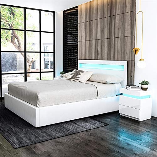 LED Bed Frame Ottoman Gas Lift Up Bed 3ft Single Size Faux Leather Storage Bed Frame for Adults, Teenagers, White (No Mattress)