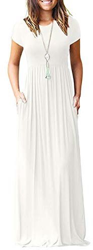 AUSELILY Damen Kurzarm Sommer Casual Long Maxi Kleider mit Taschen Weiß XL