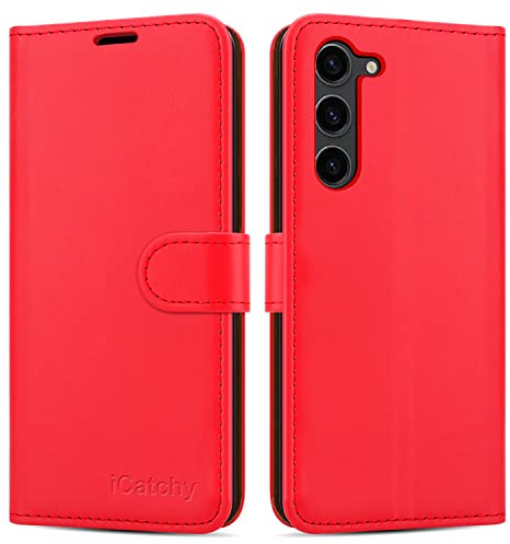 iCatchy for Samsung Galaxy S23 Plus/Galaxy S23+ Case Leather Wallet Book Flip Folio Stand View Phone Cover with Card Slots Compatible with Samsung S23 Plus 6.6-Inch (Red)