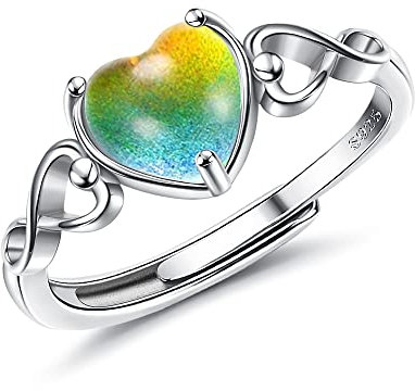 Krfy 925 Sterling Silber Stimmungsringe für Damen Mädchen Einstellbare Handgemachte Herz Solitaire Ring Temperatur-Kontrolle Wechselbare Ring Ändern Farbe Stapelbare Ringe