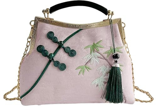 Anopo Donna Ricamato Pochette Stile Cinese Vintage Borsa a Mano con Nappe Ciondolo Borsa a Tracolla per Hanfu Cheongsam Rosa