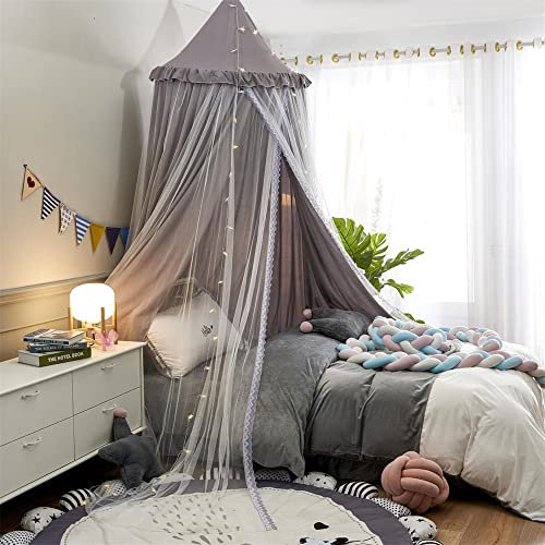Surwin Betthimmel Madchen Jungen Babybett Doppelbett, Moskitonetz Baldachin Kinderzimmer Einzelbett Himmel Schlafzimmer Dekoration Spielzelte Kinder Geschenk (grau weiß)