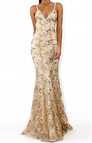 NLAVW Robe de soirée pour Femmes Rose Sexy col en V Profond Moulante Maille Fente Paillettes fête Bal Robe Formelle Robes Robes matures,d'or,M