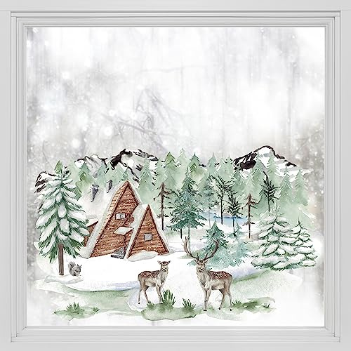 Alwayspon Statische Fensterfolie Privatsphäre, Doppelseitiger Fensteraufkleber, Anti-UV-Glasfolie für Weihnachtsdekoration, Winterwald Hütte Hirsch T055