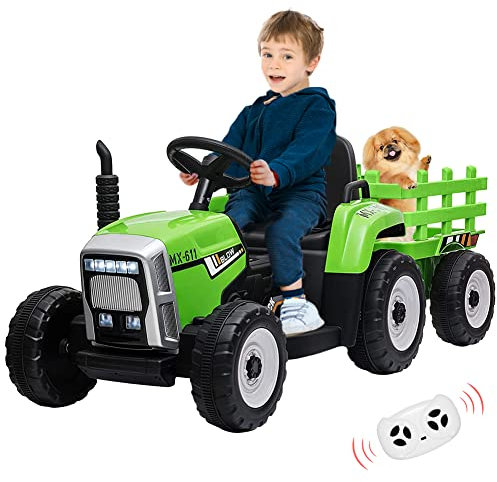 12V Kinder batteriebetriebener Elektro-Traktor mit Anhänger, Kleinkind-Auto mit Fernbedienung/ 7-LED-Scheinwerfer/ 2+1 Gangschaltung/ MP3-Player/USB-Anschluss für Kinder von 3-6 Jahren,grün