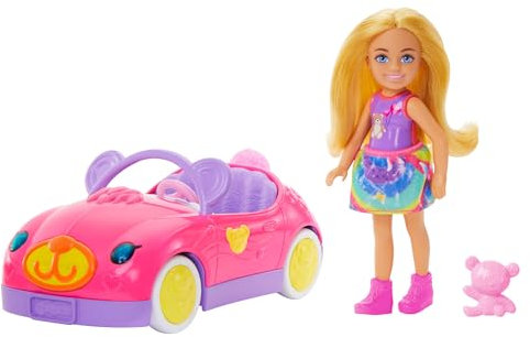 Barbie Chelsea et son Cabriolet Coffret avec cabriolet ourson, figurine d’ours en peluche et petite poupée blonde portant une jupe et des chaussures amovibles, HXN05