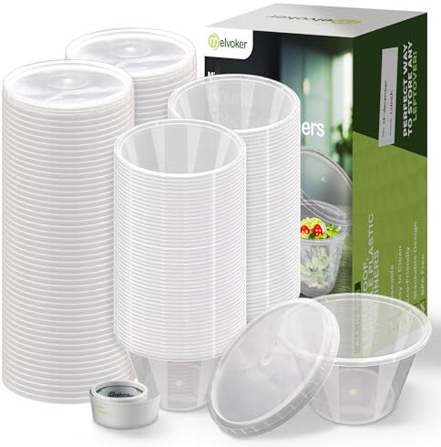 Melvoker Round Plastic Containers with Lids 4oz pack of 100 - | 4oz Round Storage Containers |Small Sauce Pots for Takeaway Food, Delivery, Catering, Restaurants for Sauce, Dips, Salads