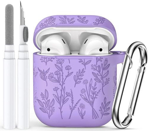 Funda grabada de flores para AirPods de 2ª/1ª generación 2019, funda de silicona suave para AirPod 2/1 Gen, funda de carga con kit de limpieza, mosquetón, LED frontal visible, morado