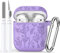 Custodia per AirPods di 2a/1a generazione 2019, in morbido silicone con incisione floreale, custodia di ricarica con kit di pulizia, moschettone, LED frontale visibile, grigio lavanda