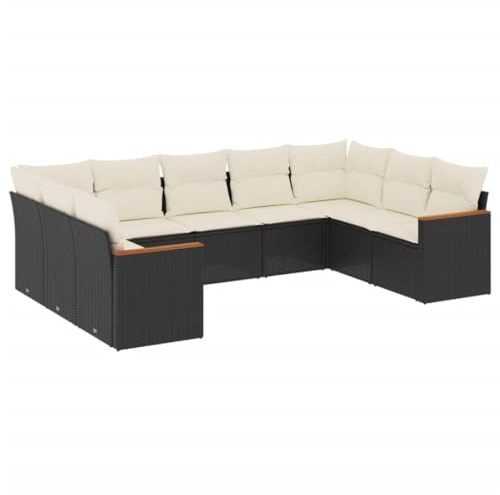vidaXL 9-TLG. Garten-Sofagarnitur mit Kissen Schwarz Poly Rattan