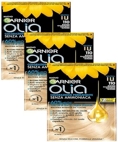 Garnier Olia Tinta Capelli, Senza Ammoniaca, Copre il 100% dei Capelli Bianchi, Formula Formula Vegana, Biondo Chiarissimo Naturale Intenso (Confezione da 3)