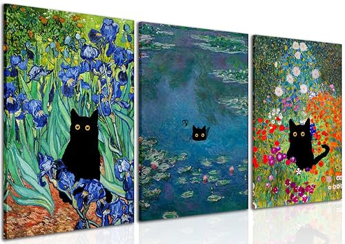 Monet Wandkunst-Set, lustige Katze in Seerosen, Leinwandbilder, Drucke, Gartenblumen, schwarze Katze, ästhetische Bilder für Zimmer, Schlafzimmer, Wohnzimmer, Badezimmer, 40,6 x 61 cm, gerahmt