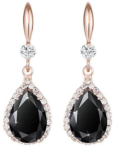 Linawe Rose Gold Black Chandelier Earrings for Women Trendy, Imitation Diamond Drop Dangle Rhinestone Cubic Zirconia Crystal Dangly Earrings, Teardrop Birthstone Earrings Dangling