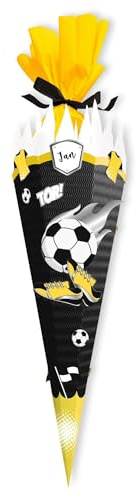 itenga Bastelschultüte Fussball - SCHULTÜTEN Bastelset FUSSBALL SCHWARZ GELB 68cm - 3D Wellpappe - für Fussball Fans in den Farben deines Lieblingsvereins (Schultüte schwarz)