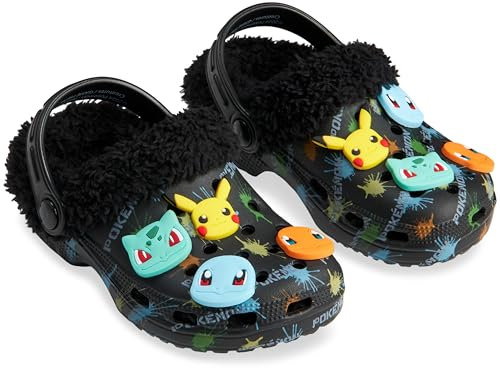 Pokemon Clogs Kinder Gartenschuhe mit Schuh Charms & Abnehmbarem Fleece-Futter - Geschenke für Kinder(Schwarz/Mehrfarbig, 36 EU)