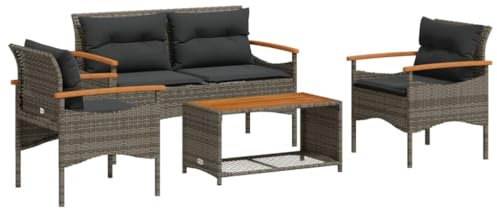 vidaXL Garten Sofagarnitur 4-TLG., Gartensofa mit Kissen Stahlrahmen, Sitzgruppe für Garten Terrasse, Gartenbank Gartenmöbel, Modern, Grau Poly Rattan