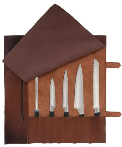 Full Grain Handmade Cognac Brown Leather Knife Storage Roll, Tool Holder, Leather Knife Roll Bag,Handcrafted Chef Birthday Gift, Chef Case Knife Storage Roll(5 Pockets)