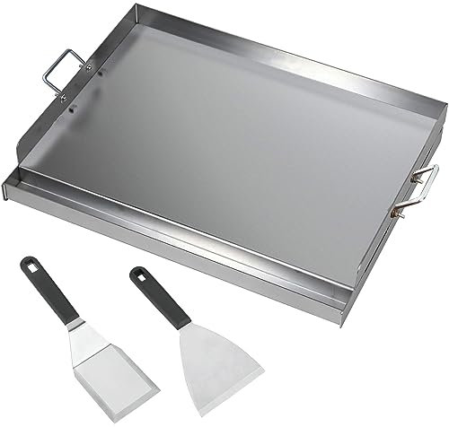 FINEUNAN Edelstahl Grillplatte | 40x30x8 cm | Universal BBQ Plancha aus dickem 2mm & rostfreiem Edelstahl passend für Weber Gasgrill und Holzkohlegrill | Grillplatte mit Grill-Spachtel Schaber set