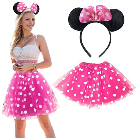 Matreeglam Mouse Costume Set Girls Ladies, Pink Tutu Skirt with white Polka Dots, Mouse Ear Headband, Gloves, Black Nose, Princess Cosplay Outfit for Halloween Christmas