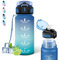 Trinkflasche, 500ml Trinkflasche Kinder, Trinkflasche mit Strohhalm, Kann mit Dir Tragen, Trinkflasche mit Zeitmarkierung, Auslaufsicher, Wasserflasche für Schule, Reisen, Camping, Running, Blaugrün