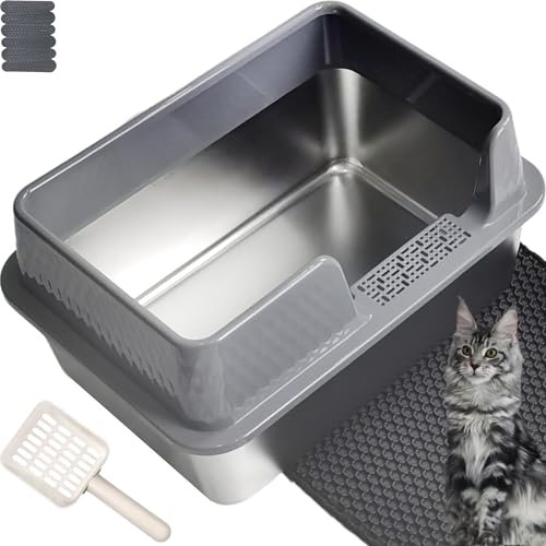 Pawsayes Stainless Steel Cat Litter Box with Lid for All Cats Extra Large Cat Litter Trays with 15cm Anti-Splash High Wall Sided Enclosure Cats Litter Tray (50x35x25 cm) (Grey)
