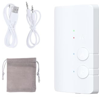 TV Bluetooth 5.3 Receptor, Transmisor 3.5mm Aux Audio Jack, 2 en 1 Mini Adaptador Inalámbrico con Auriculares Pares Dobles, Aptx Baja Latencia para Avión, Coche, Estéreo, Cinta de Correr, Tabletas