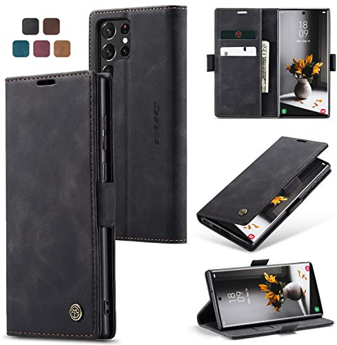 owlhold Hülle Samsung S22 Ultra klapphülle Premium Lederhülle Weiches Vintage-Nubukleder Faltbare Ständer Schutzhülle Kartenfach Standfunktion klapphülle Samsung Galaxy S22 Ultra 5G -Schwarz