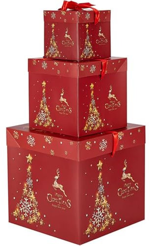 JOYWU Christmas Stackable Gift Boxes with Lids,3 Pcs 46cm Xmas Nesting Box for Gift Wrapping,Square Santa Snowman Xmas Tree Stacking Small Present Boxes,Indoor Christmas Decorative Boxes (red)