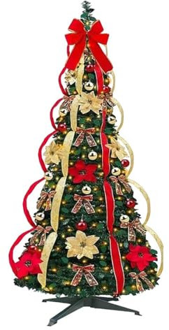 Árbol de Navidad Plegable, árbol de Navidad Totalmente Decorado con Luces Plegable, árbol de Navidad con Adornos de Cinta y Lazo para Decoraciones de Fiesta de Navidad